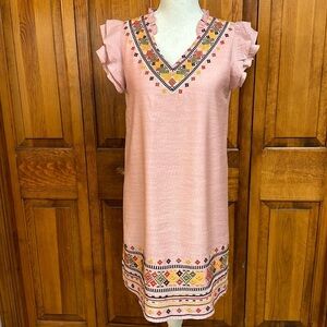 THML Pink Embroidered V-Neck & Hem Black Leather Flutter Cap Sleeve Midi Dress S